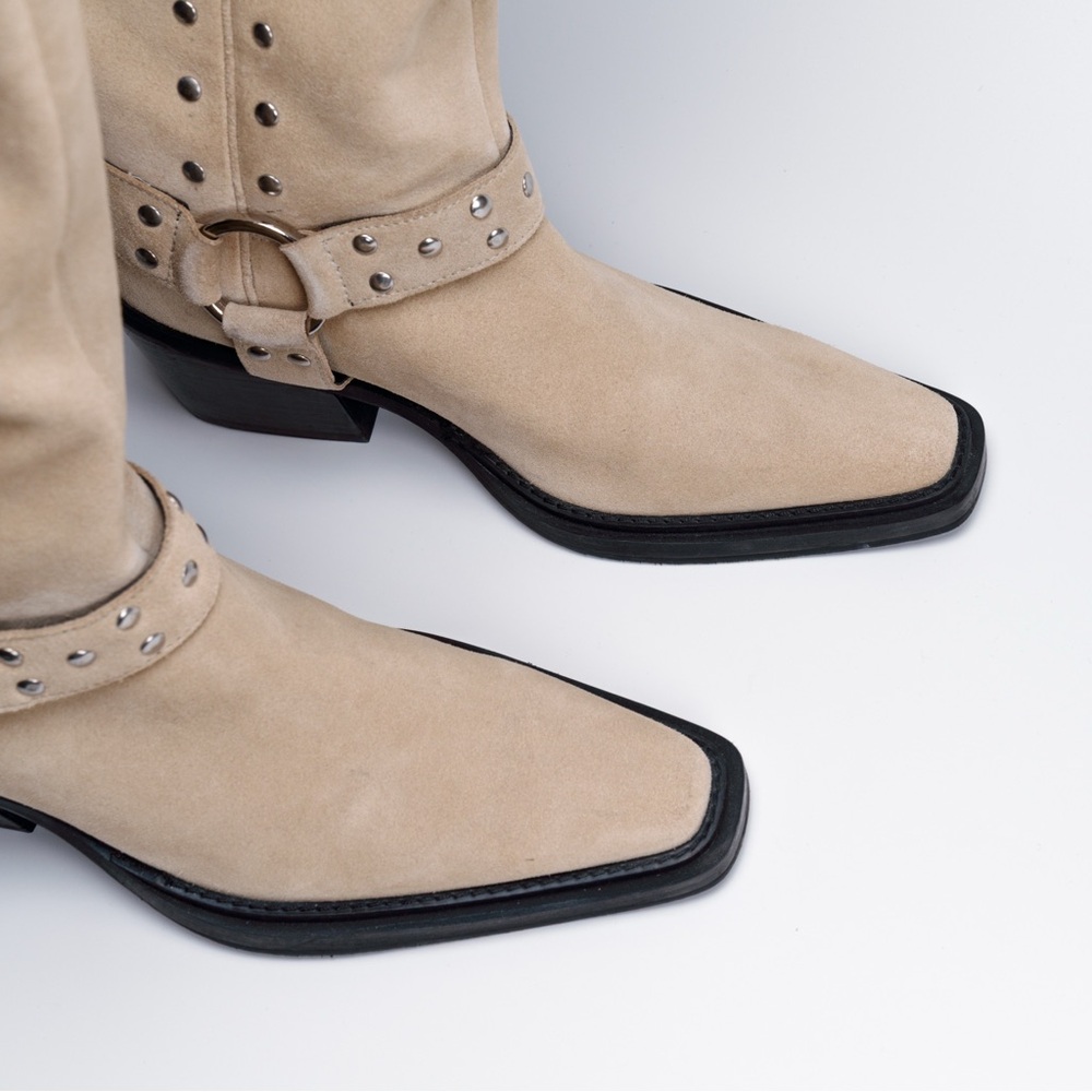 Beige Suede Knee-High Boots — Pointed Toe, Stacked Heel, Stud Detail - Picture 4 of 8